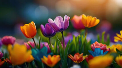 Fototapeta premium A beautiful display of colorful tulips blooming in a garden at sunset, with warm light enhancing the vibrant petals.