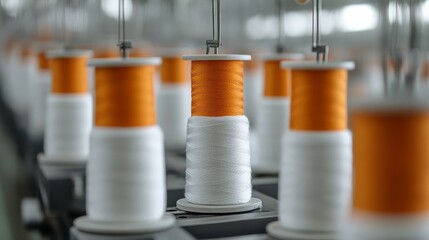 Colorful spools of thread await use in a lively manufacturing setting