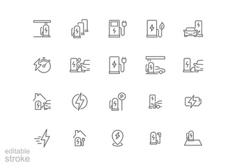 Car charging station icon set. Simple outline style. EV, electric socket station, car plugged to charge, battery, technology concept. Thin line symbol. Vector illustration isolated. Editable stroke.