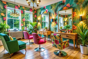 bold and bright tropical colors infusing a fun and playful home salon space with vibrant patterns and quirky decorative accents in sharp focus