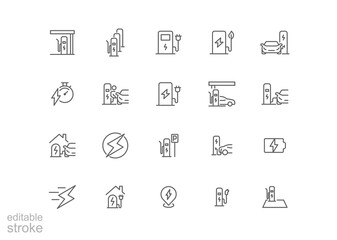 Car charging station icon set. Simple outline style. EV, electric socket station, car plugged to charge, battery, technology concept. Thin line symbol. Vector illustration isolated. Editable stroke.