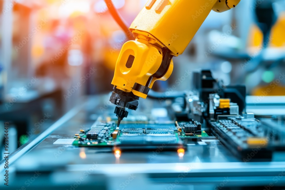 Poster robotic arm assembling electronic components on a circuit board in an advanced manufacturing facilit