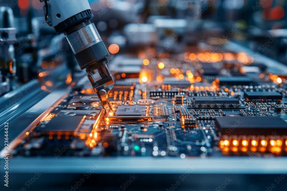 Poster robotic arm precisely assembling a circuit board in an electronics manufacturing factory, illuminate