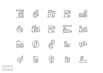 Car charging station icon set. Simple outline style. EV, electric socket station, car plugged to charge, battery, technology concept. Thin line symbol. Vector illustration isolated. Editable stroke.