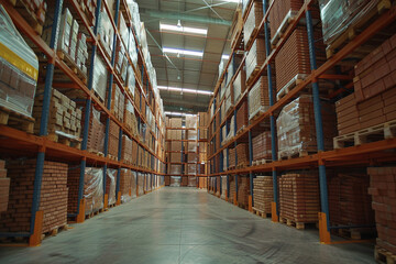 Warehouse filled with neatly stacked bricks on wooden pallets under bright overhead lights