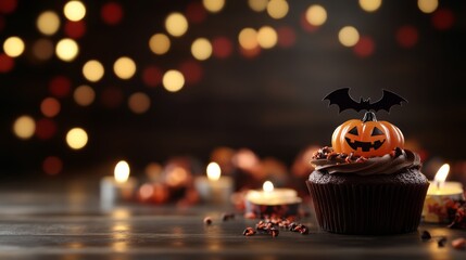 Chocolate cupcake with chocolate cream and a smiling pumpkin on a wooden table with spooky lights and candles in the background