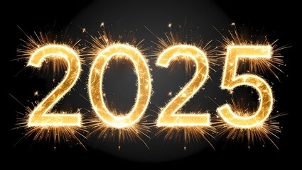 Golden Sparkling 2025 with Fireworks on Black Background
