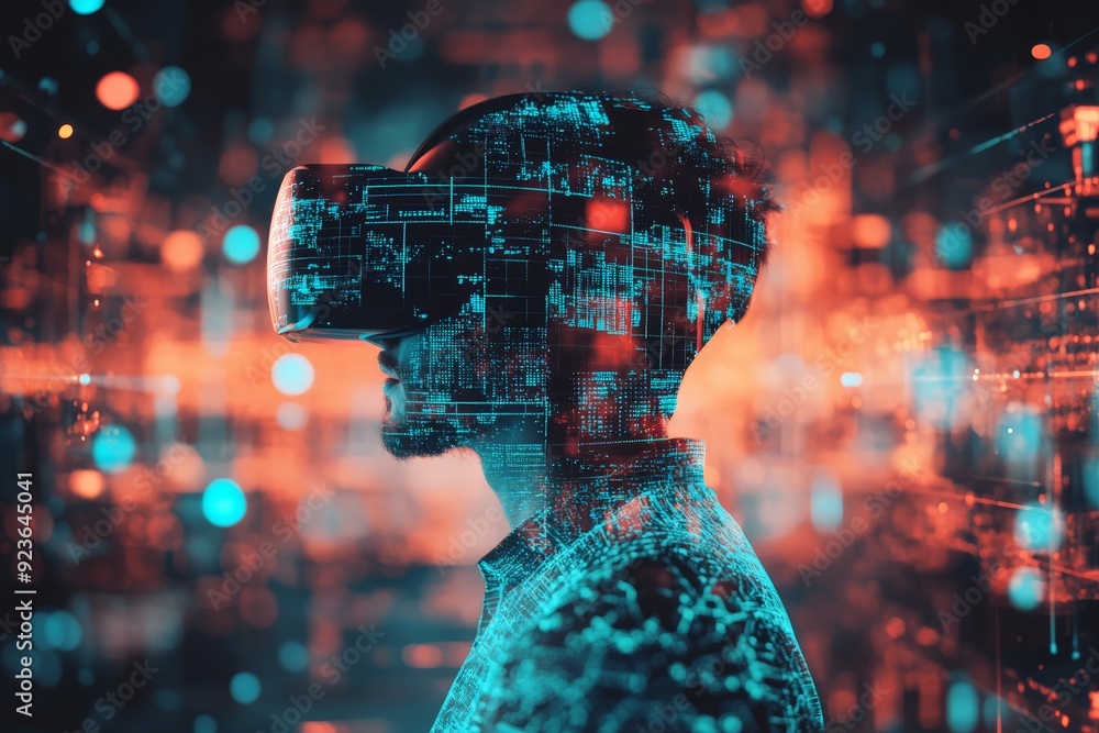 Poster side profile of a person wearing a vr headset surrounded by digital data visuals, representing virtu
