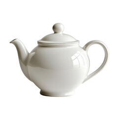 A classic white ceramic teapot with a curved spout and handle cut out transparent isolated on white background PNG