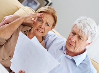 Stress, elderly couple and document at house for financial debt, mortgage crisis and account...