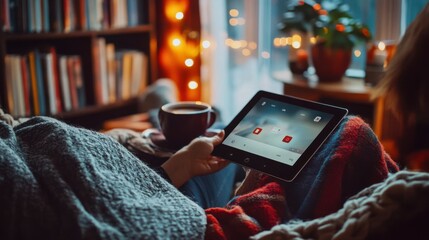 Cozy Evening at Home - Person Enjoying Streaming App on Tablet with Coffee and Books in Comfortable Chair