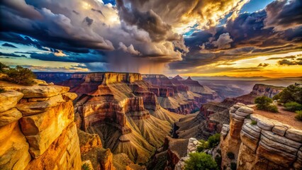 Canyon's Edge: Precipitous cliffs, swirling clouds, dramatic lighting, sharp angles, adventurous concept