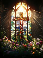 Handmade Stained Glass Window with Large Cross and Vibrant Floral Design