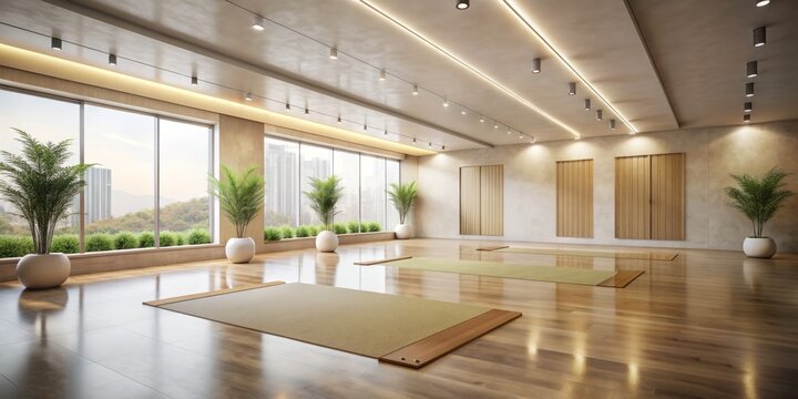 calming ambiance of a spotless, upscale yoga studio with cream-colored walls, polished concrete floors, and a single mat in front of a floor-to-ceiling mirror