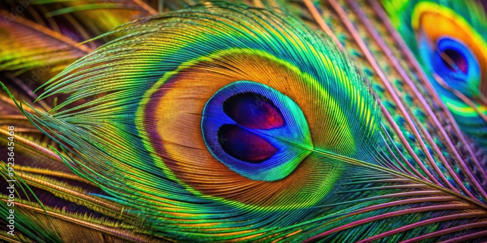 Poster close-up of a vibrant peacock feather with intricate patterns and stunning colors, peacock, feather,