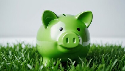 Piggy bank on green grass . Generative ai. AI