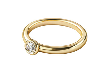 Elegant gold ring with a sparkling diamond solitaire, symbolizing luxury and commitment, cut out transparent isolated PNG.