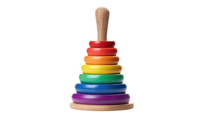 Colorful wooden stacking ring toy with rainbow-colored rings, designed for early childhood development and learning, cut out transparent isolated PNG.