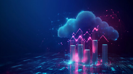 Abstract digital cloud with arrows up and down and dollar coins tower, concept to the invest and use of modern resources. Futuristic hologram in blue, created with generative AI technology 