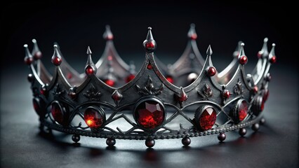 Dark and eerie crown made of twisted black metal, adorned with blood-red gemstones, eerie, sinister, gothic, cursed, mysterious