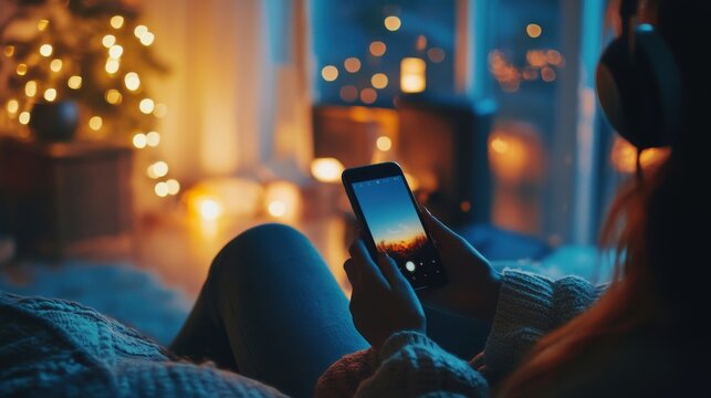 Cozy Evening at Home: Person Streaming Music Playlist on Smartphone with Soft Lighting and Home Decor