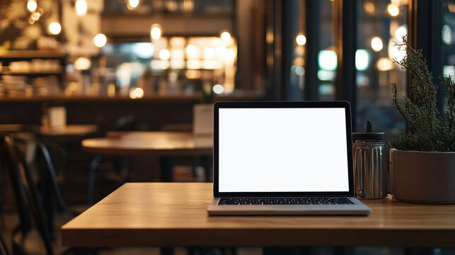 Wooden table with a blank laptop screen in a chic coffee cafe environment, ideal for adding your promotional text.