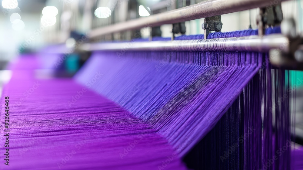 Poster threads of deep purple flow gracefully through a textile creation process