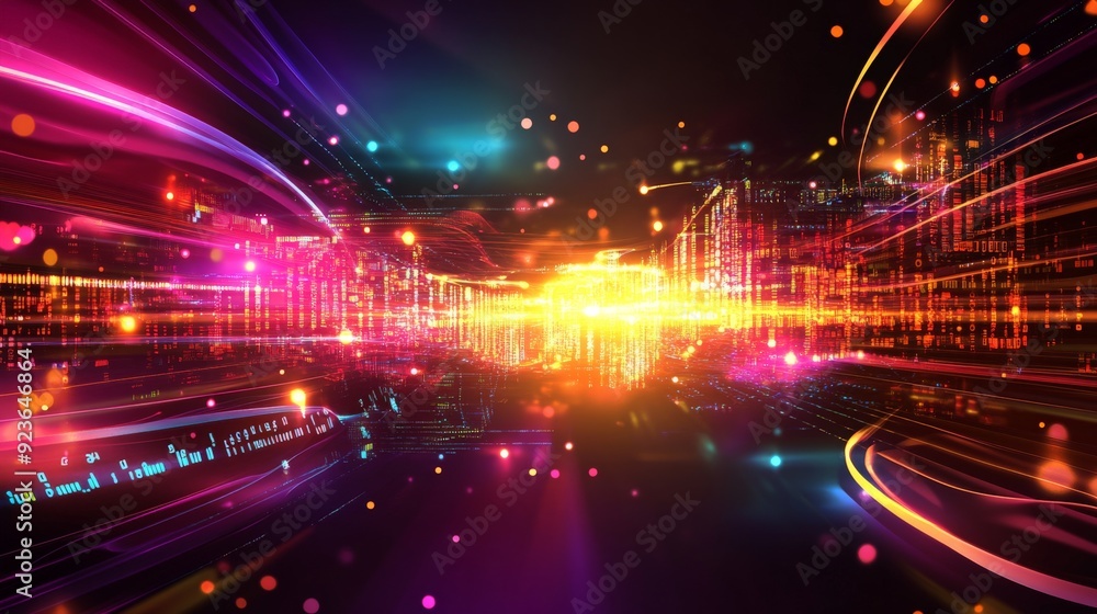 Poster vibrant technology background with colorful lights and abstract network pattern, representing digita