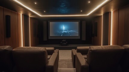 Ultimate Home Theater Experience: Modern Room with Projector Screen, Plush Seating, and Ambient Lighting for Cinematic Movies