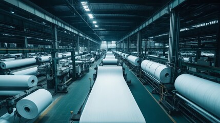 Fototapeta premium Large rolls of paper are being processed in a vibrant paper mill
