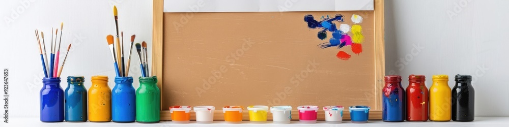 Poster studio image of an art easel with washable paints and brushes positioned on a blank canvas for addin