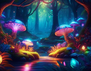 Enchanted Forest Focus on a magical forest with glowing plants and creatures with a vibrant background