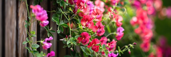 Fototapeta premium Pink and red flowering sweet pea climbing on a trellis in a garden.
