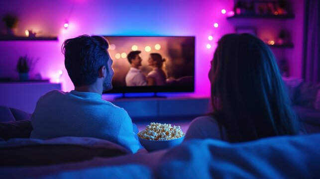 Cozy Evening at Home: Couple Watching Romantic Comedy on Smart TV with Popcorn in Living Room