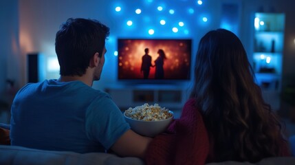 Cozy Date Night: Couple Watching Romantic Comedy on Smart TV with Popcorn in Living Room