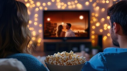 Cozy Movie Night Romance - Couple Watching Romantic Comedy on Smart TV with Popcorn in Living Room Setting