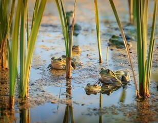 Frogs in Summer Marsh Focus on frogs jumping and resting in a summer marsh with cattails and reeds