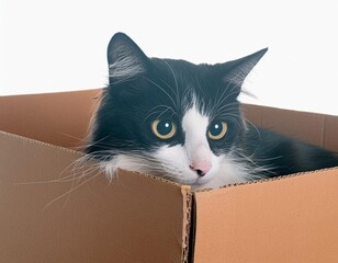 ダンボール箱の中に入る白黒のハチワレ猫