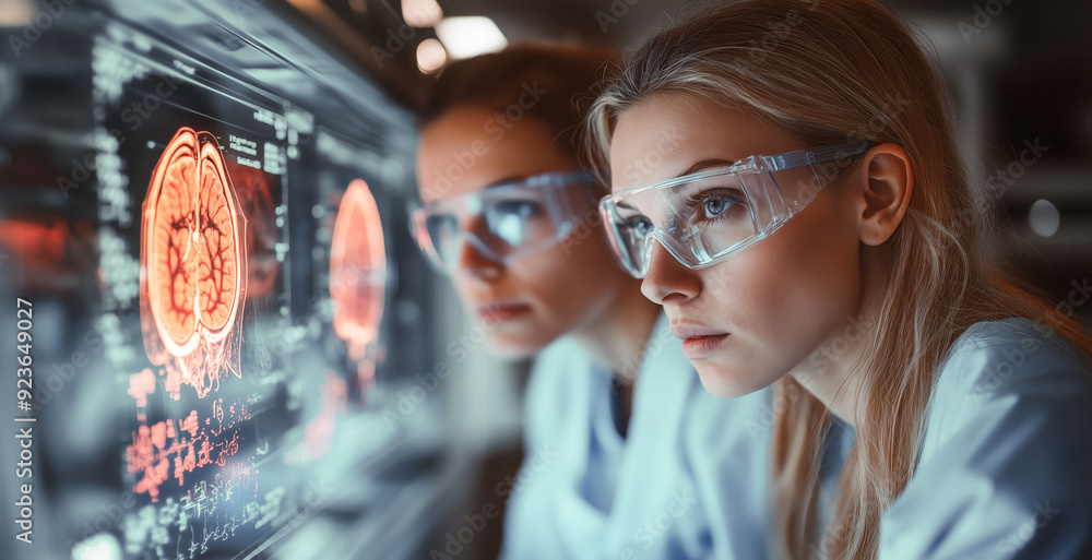 Poster two researchers focus intently on digital brain scans in a modern laboratory, wearing protective eye