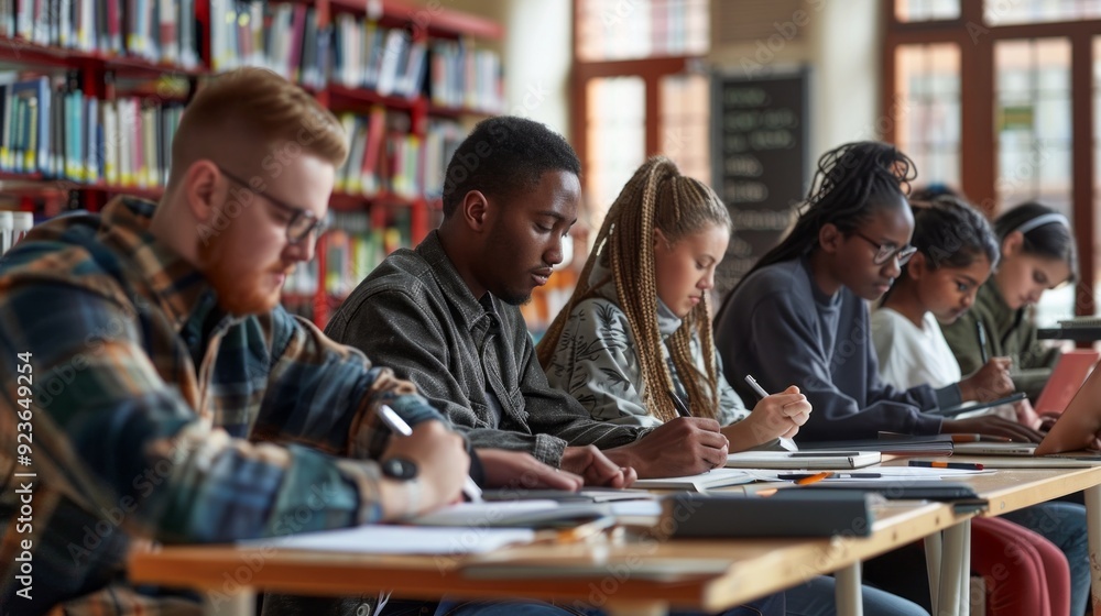 Poster a group of students, absorbed in their studies, writes notes and discusses ideas in a vibrant librar