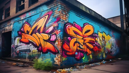 Graffiti Art on Abandoned Building Focus on a detailed graffiti piece on an abandoned building with an urban background