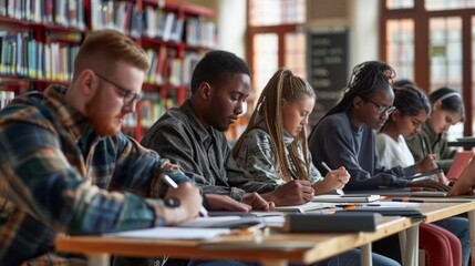 A group of students, absorbed in their studies, writes notes and discusses ideas in a vibrant library setting filled with books