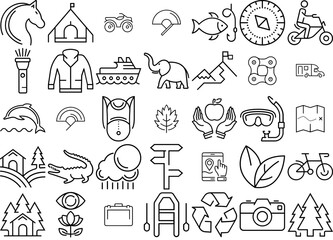 Set Of Linear Ecotourism Vector Symbols Apps, Websites Ui Designs Suitable For Bike,Environment,Animal,Transport,Traveller Vector Icon Set Linear Pictogram Pack