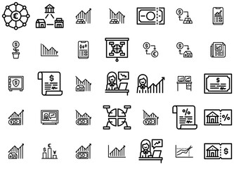 Set Of Linear Economy And Finance Isolated Silhouette Solid Icons With Market,Dollar,Graph,Chart,Price Vector Icons Illustration Collection