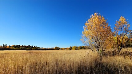 Obraz premium Autumn Grass Transitioning to Golden Hues Under Crisp Blue Sky