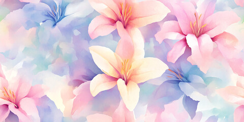 Serene lilies in pastel watercolors with delicate transitions and a calming effect, seamless pattern