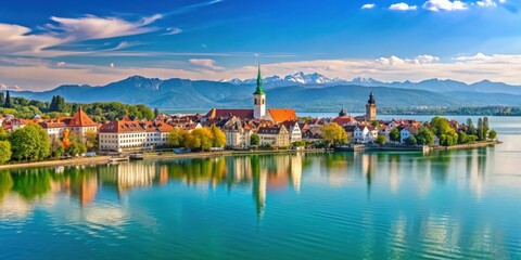 Fototapeta premium Scenic view of Bodensee Lake with Lindau town in the foreground, Bodensee, Lake, Lindau, town, city, Germany, Bavaria