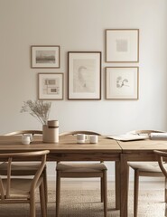 Elegant natural light illuminates multiple wooden frames on a wall in a serene minimalist setting