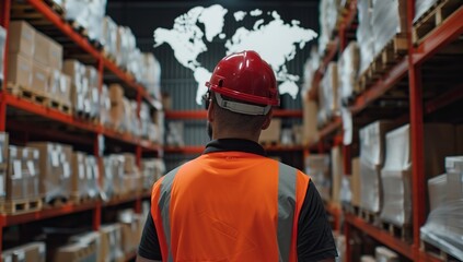 a worker in an orange vest stands in a warehouse with a digital map above