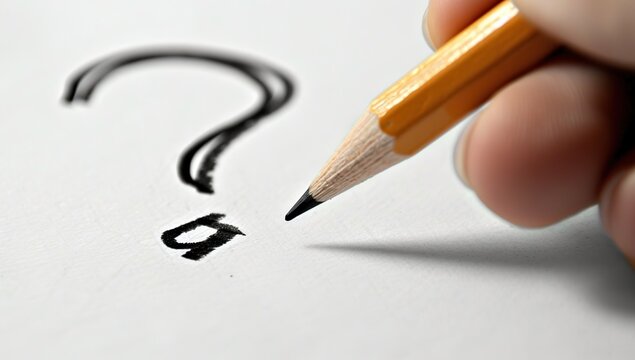 Visible hands and pencil next to a question mark sketch on white background